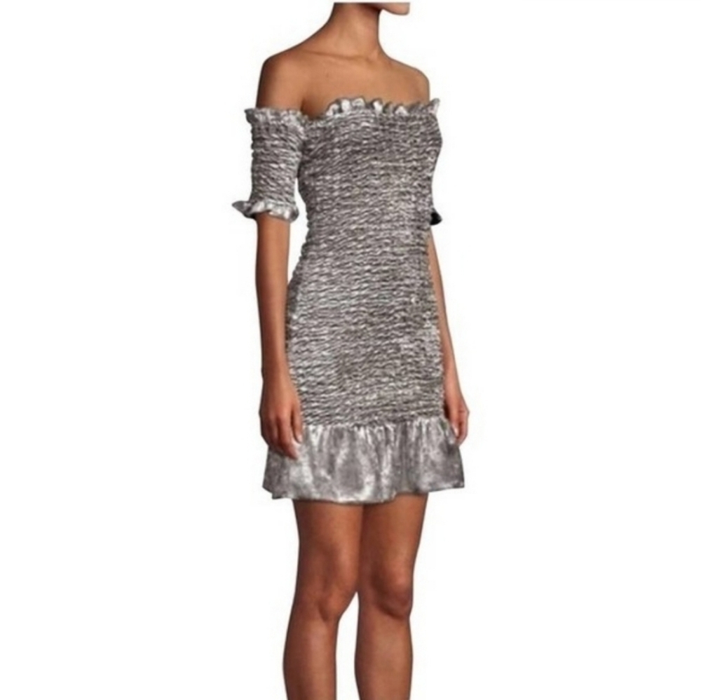 Petersyn Benson Off The Shoulder Velvet Smocked Ruffle Dress In Steel Small Nwt